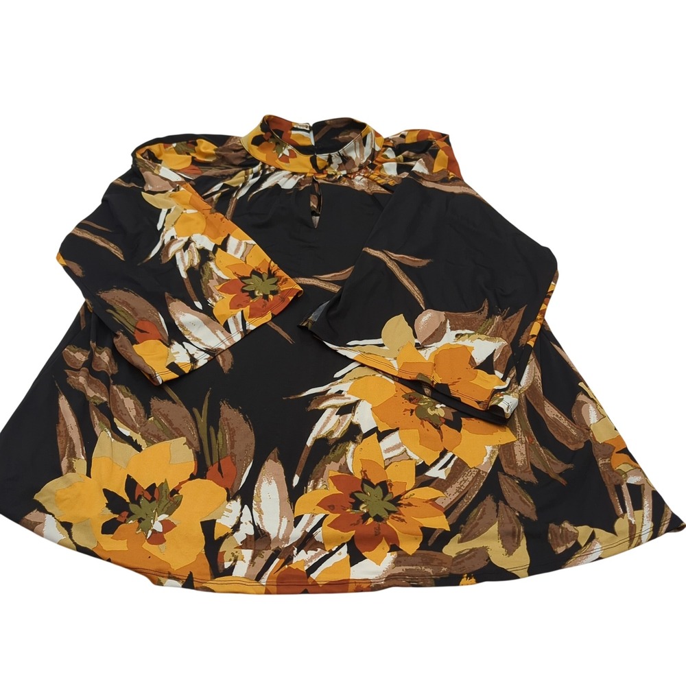 Est. 1946 Floral Mock Neck Keyhole Blouse Orange Yellow Black 18/20W